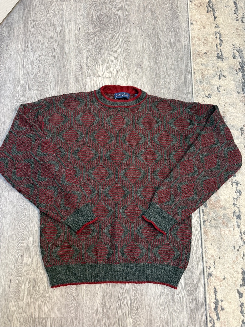 Vintage Claybrooke Sweater Mens Large Crew Neck Pullover Red/Gray Geometric Wool